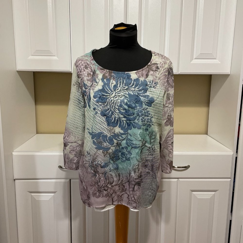 Chico's Size 2 Top Blouse Women Semi Sheer Two Toned Floral and Stripes Layered